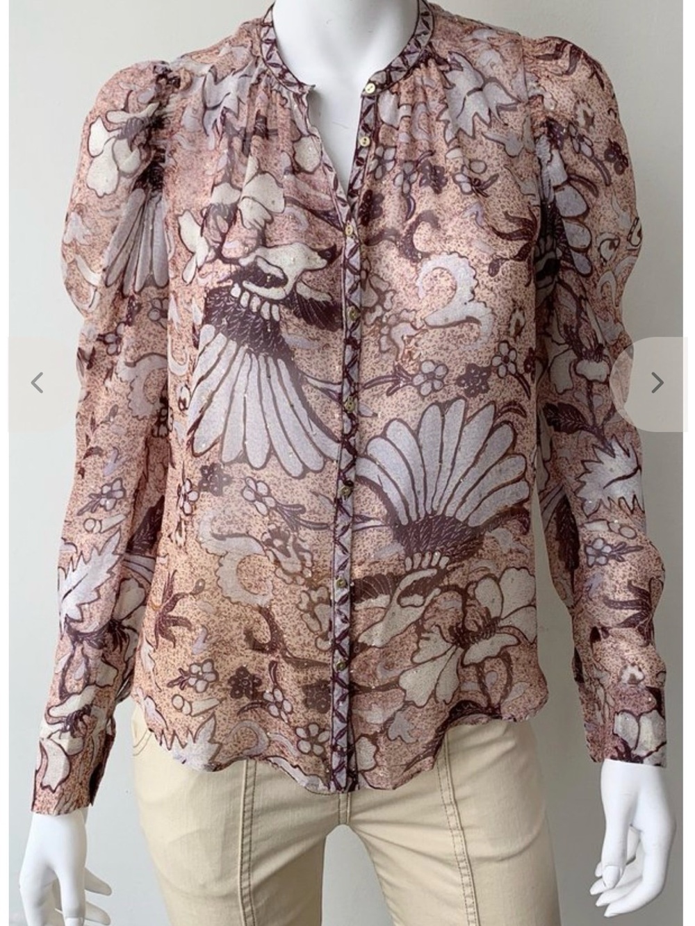 Ulla Johnson Cassia Blouse Floral Silk Blend Blush Sheer Ruffle Top size 4